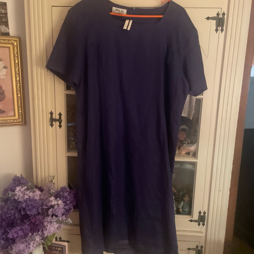 Casual Purple-Blue 100% linen Ann Gerlin Sheath Midi Dress with Crew Neck 18 NWT